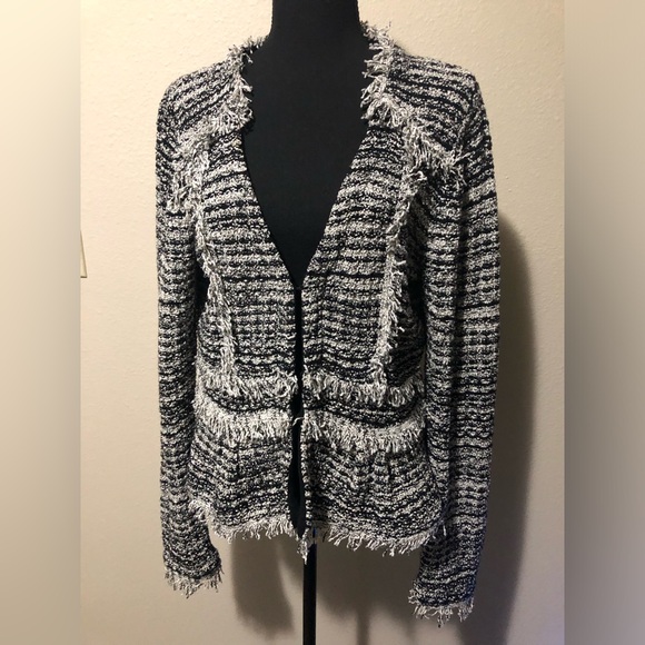 INC Cardigan Tweed Bouclé Jacket Fringe Detail Black and White Womens Size Large - Picture 6 of 8